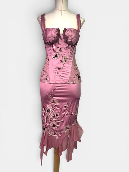 Mandalay Deadstock Dusty Rose Embellished Two-Piece Satin & Silk Chiffon Set | Top Size 8 / Skirt Size 6
