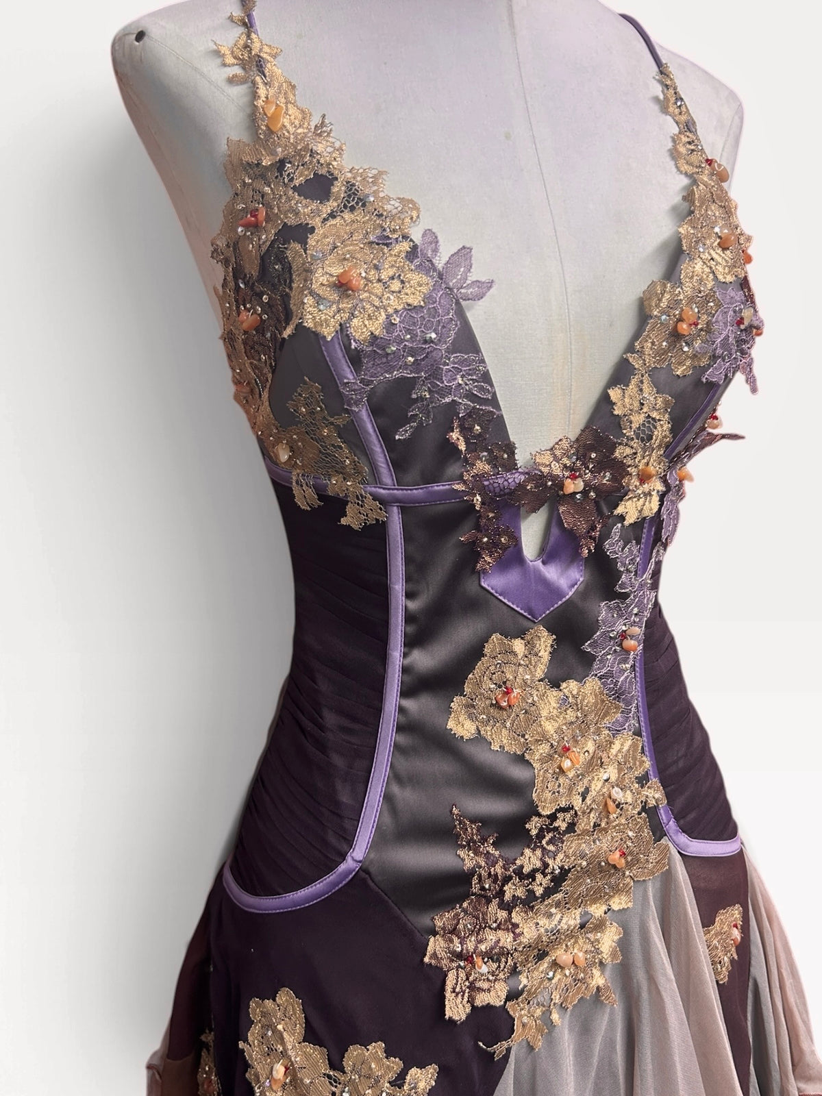 Mandalay Long Layered Silk Gown with Lace and Beaded Details Brown and Lavender size 12