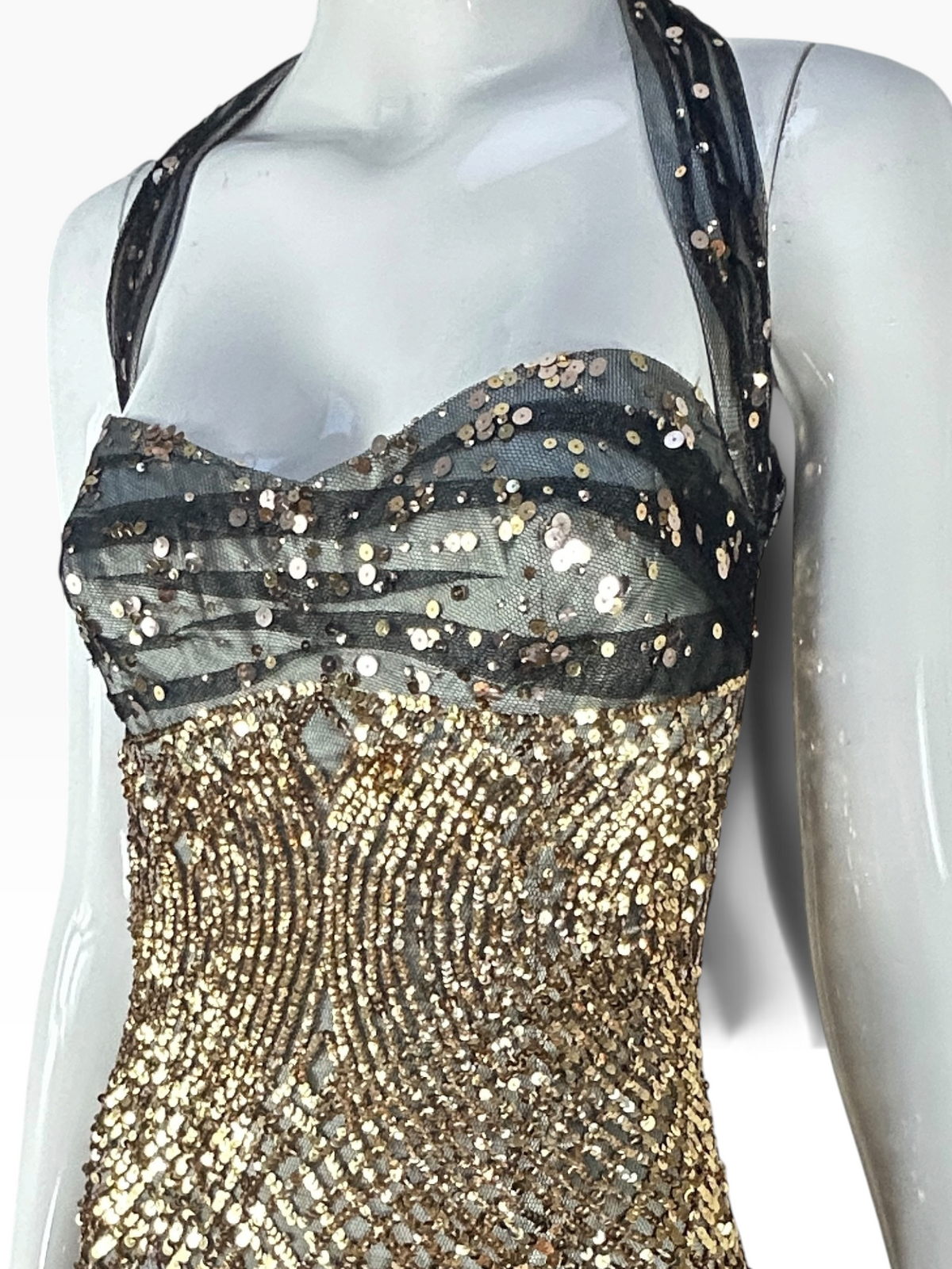 Deadstock Mandalay Gold Sequin & Black Mesh Halter Gown – Size 6