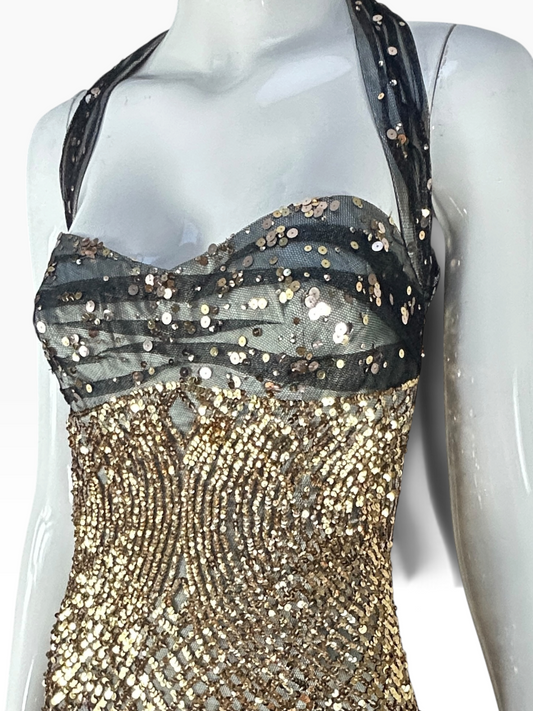 Deadstock Mandalay Gold Sequin & Black Mesh Halter Gown – Size 6