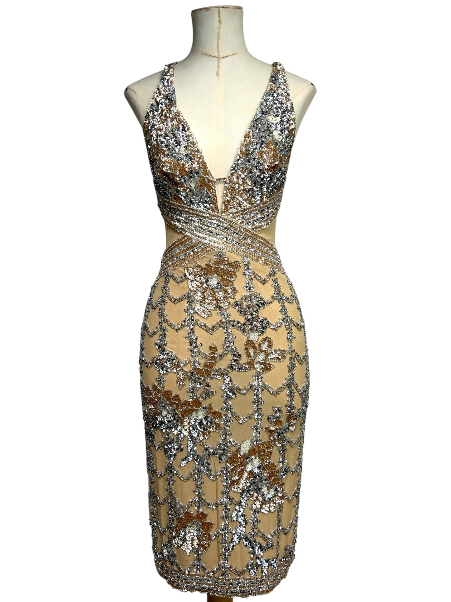 Champagne Deadstock Mandalay Silk Chiffon Beaded Dress – Size 2
