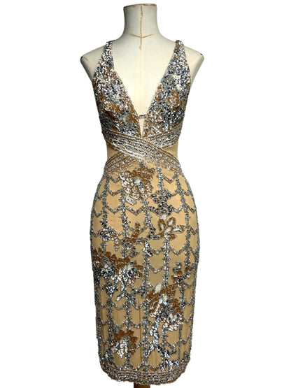 Champagne Deadstock Mandalay Silk Chiffon Beaded Dress – Size 2