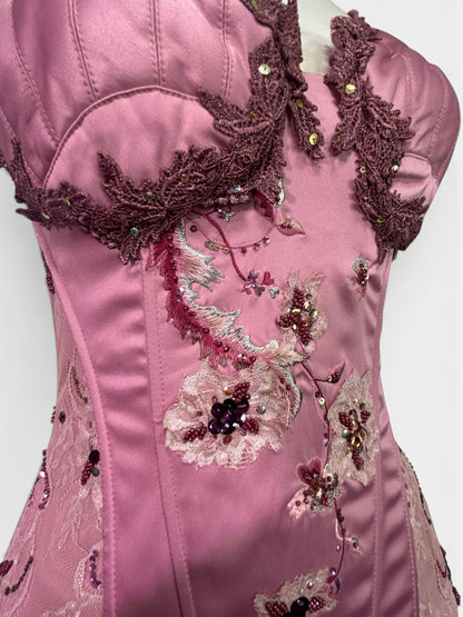 Mandalay Deadstock Dusty Rose Embellished Two-Piece Satin & Silk Chiffon Set | Top Size 8 / Skirt Size 6