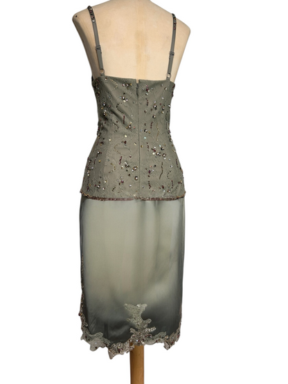 Deadstock Mandalay Sage Green Beaded Lace Silky Satin Dress — Size 8
