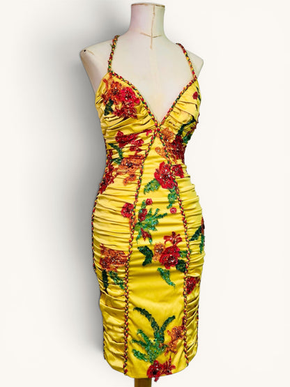 Mandalay Deadstock Beaded Ruched Stretch Satin Dress | Tropical Floral Embellished Wiggle Dress | Size 6