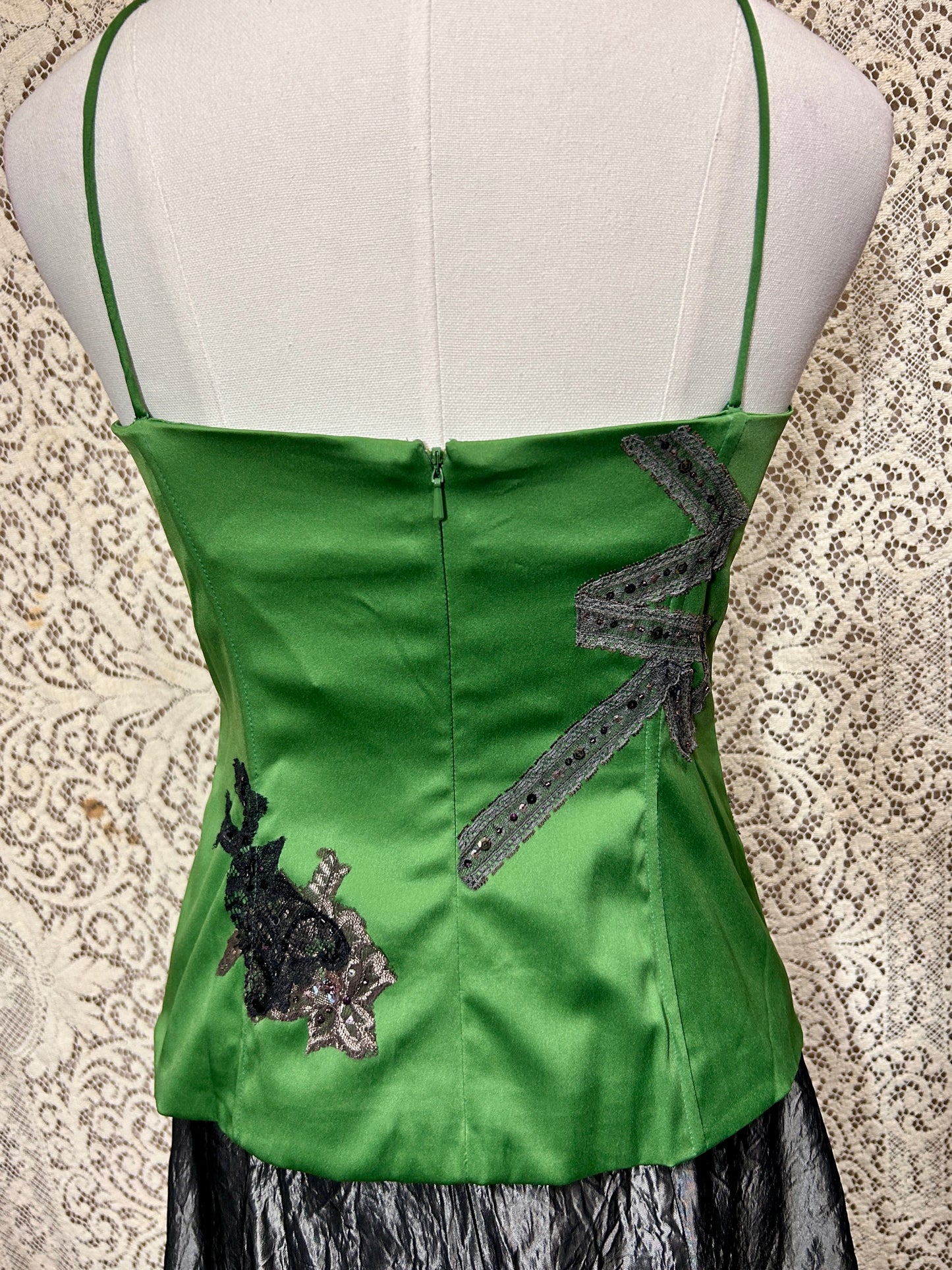 Deadstock Y2K Mandalay Emerald Satin Corset Top — Hand-Embellished Lace