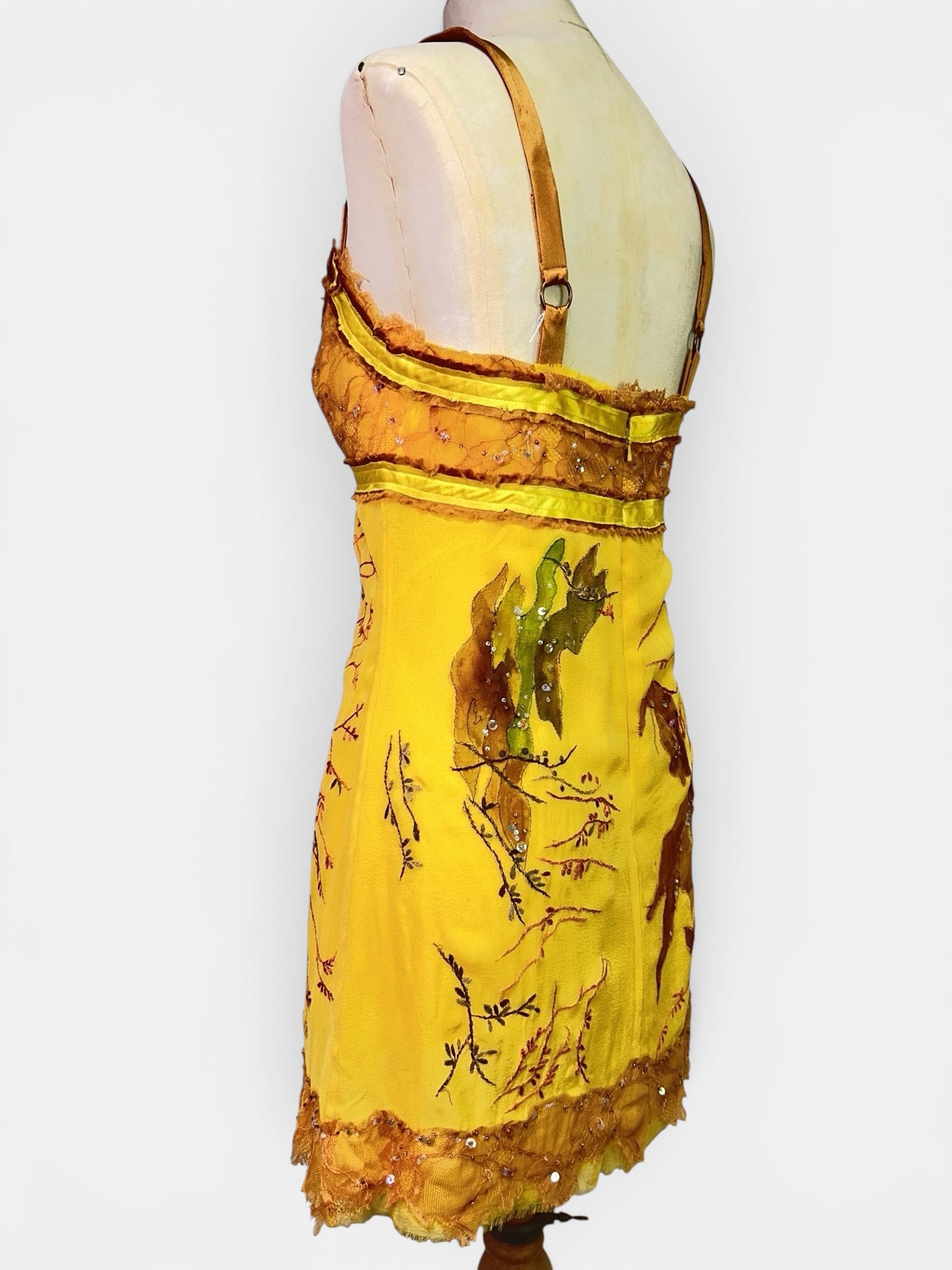 Mandalay One-of-a-Kind Silk Chiffon Beaded Fairy Babydoll Dress | Golden Chartreuse Appliqué | Size 6