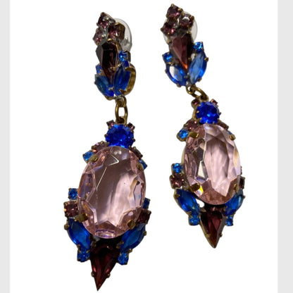 80’s Glass Gem Drop Earrings in Pink, Purple & Blue Pierced Ears
