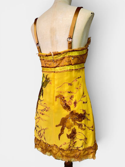 Mandalay One-of-a-Kind Silk Chiffon Beaded Fairy Babydoll Dress | Golden Chartreuse Appliqué | Size 6
