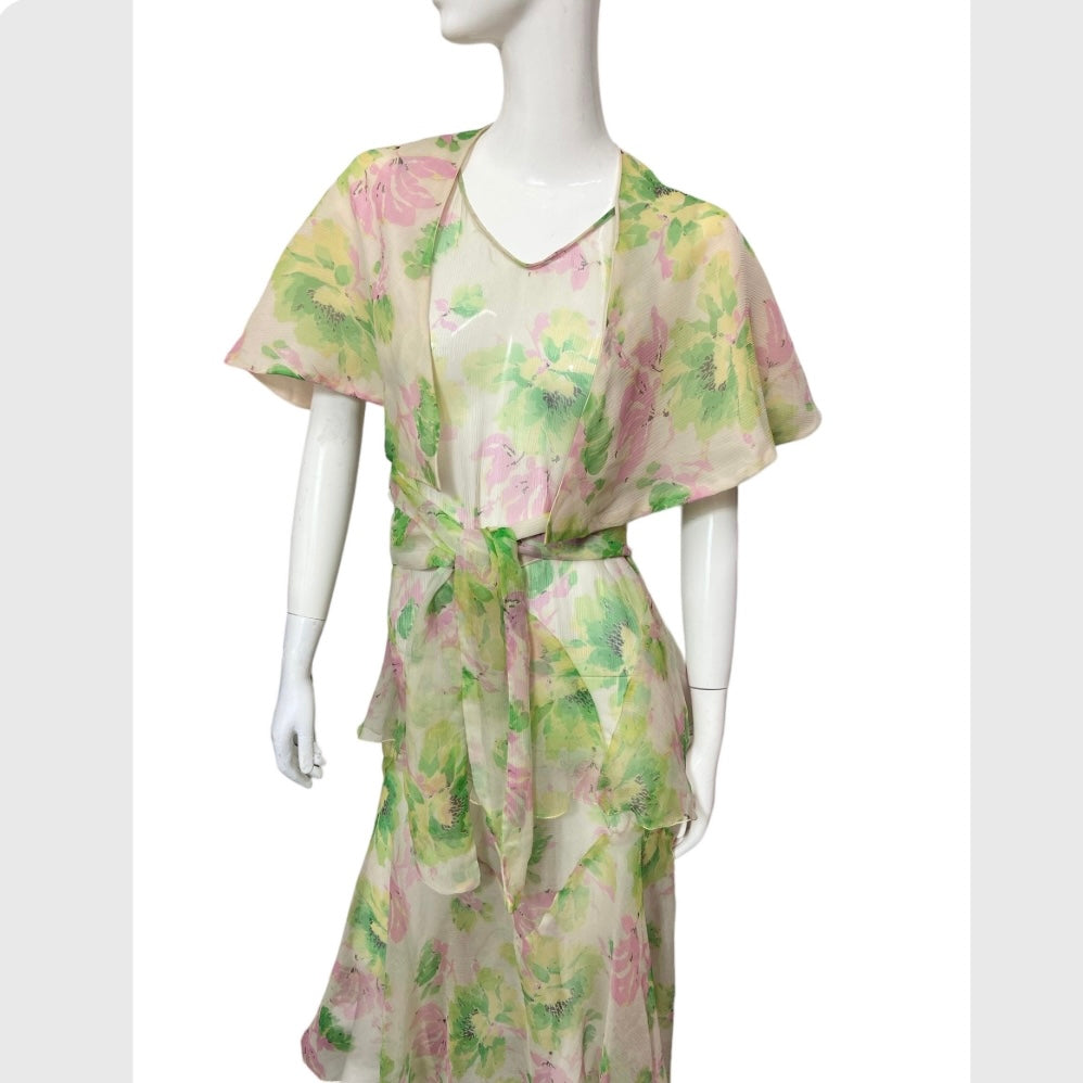 30’s Pink & Green Floral Print Silk Crepe Dress with Matching Capelet and Belt