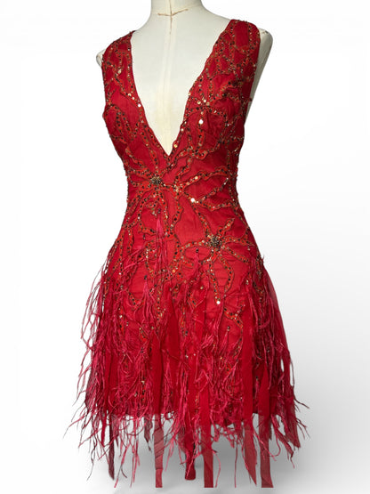 Deadstock Mandalay Beaded Ostrich Feather and Silk Party Dress — Size 4