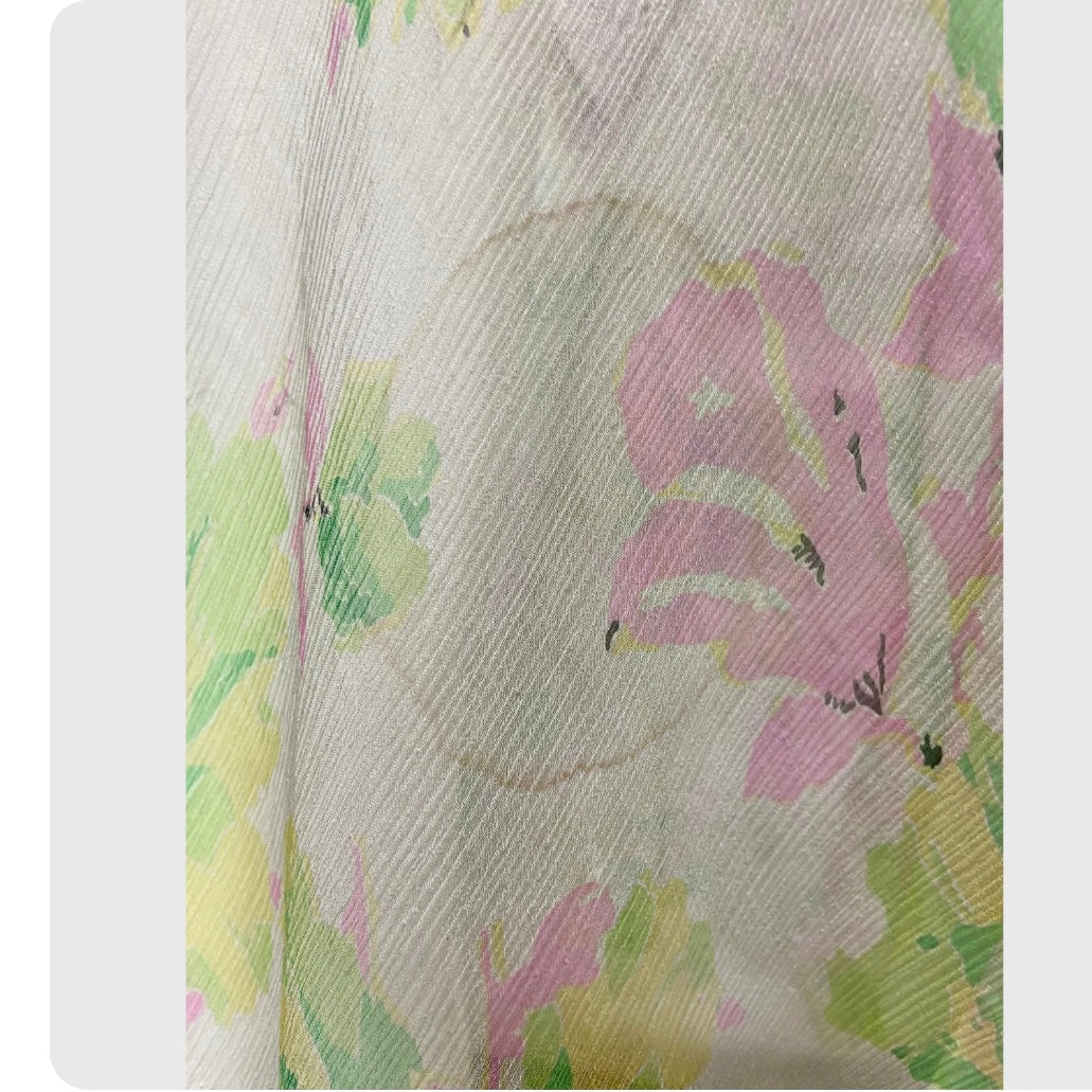 30’s Pink & Green Floral Print Silk Crepe Dress with Matching Capelet and Belt