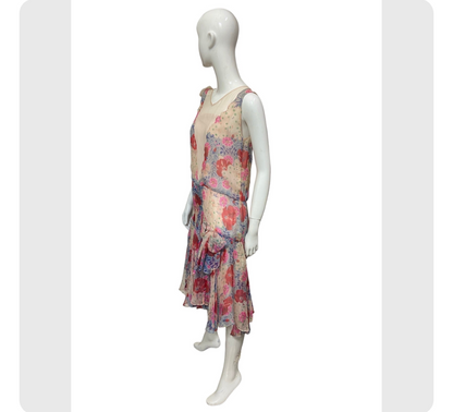 20’s Floral Print Silk Chiffon Dress with Bow Accents and Matching Slip