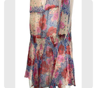 20’s Floral Print Silk Chiffon Dress with Bow Accents and Matching Slip