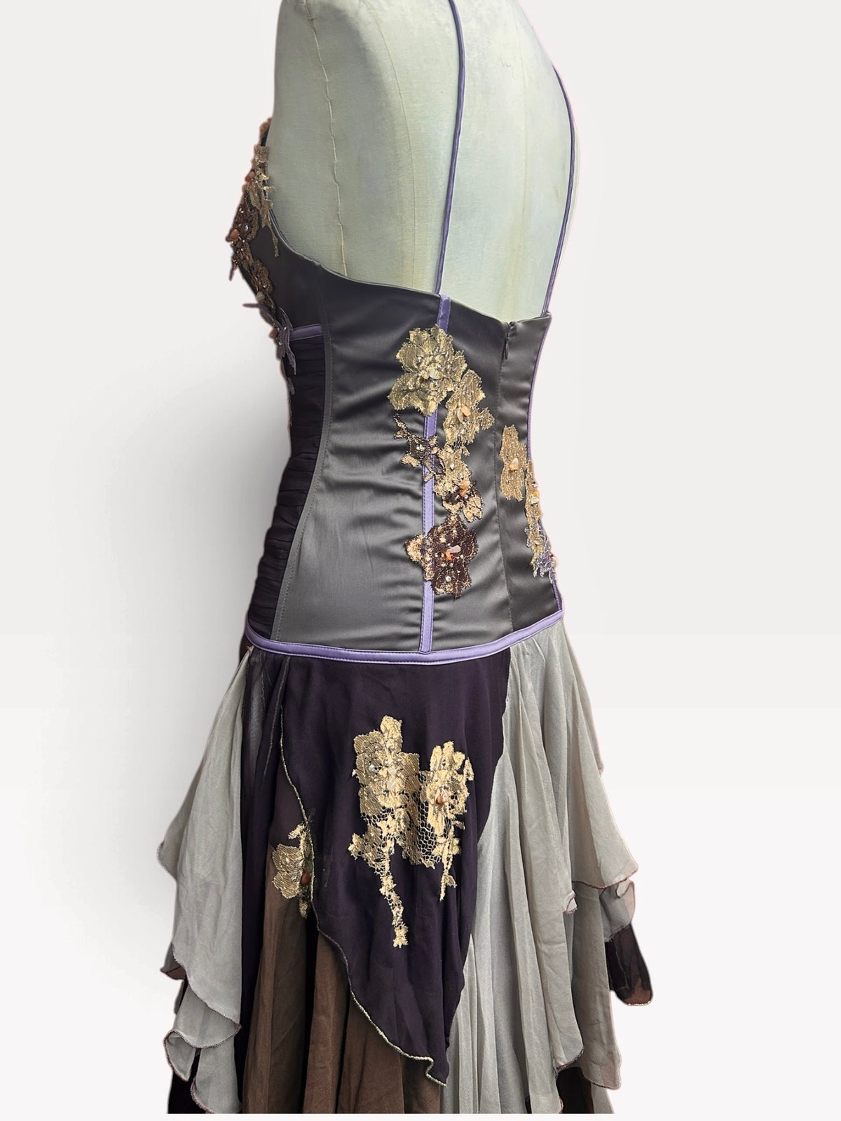 Mandalay Long Layered Silk Gown with Lace and Beaded Details Brown and Lavender size 12