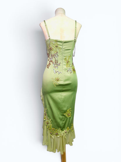Mandalay Deadstock Beaded Satin Wiggle Dress | Pistachio Green Silk Chiffon Ruffle Hem | Size 6
