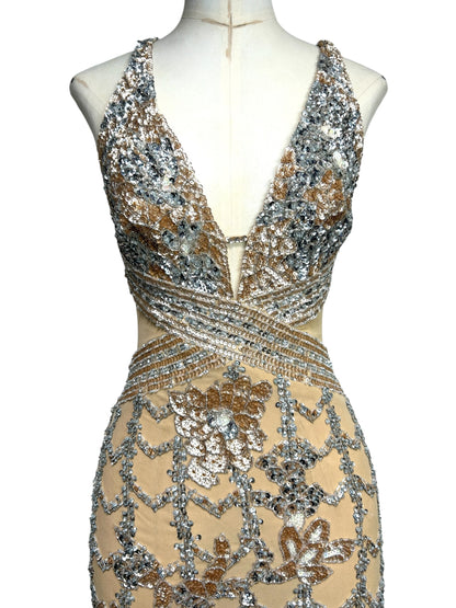 Champagne Deadstock Mandalay Silk Chiffon Beaded Dress – Size 2