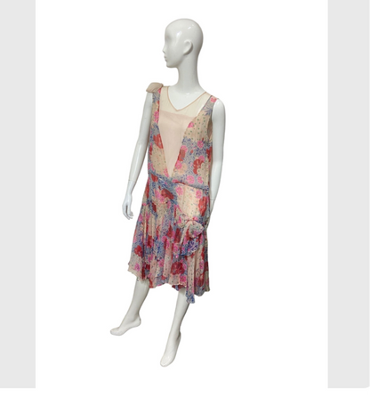 20’s Floral Print Silk Chiffon Dress with Bow Accents and Matching Slip