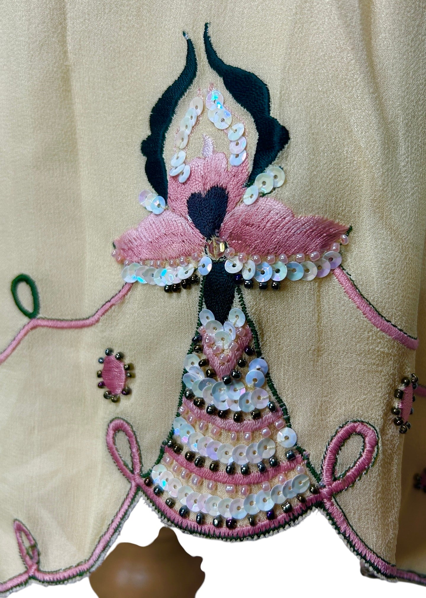Deadstock Mandalay Butter Yellow Silk Chiffon Beaded Mini Dress with Pink Embroidery – Size 6