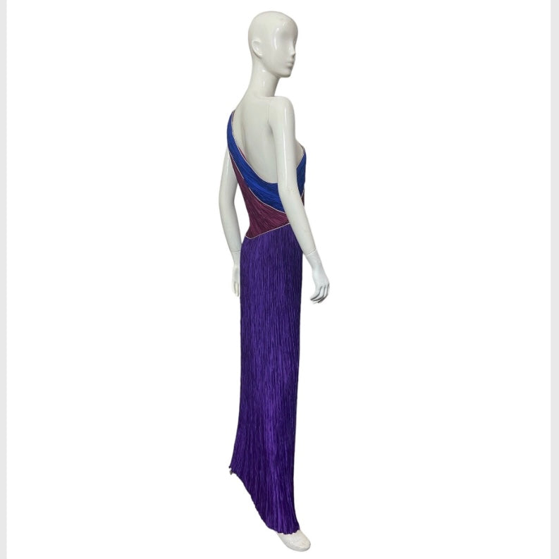 80’s Mary McFadden One Shoulder Colorblock Plisse Gown