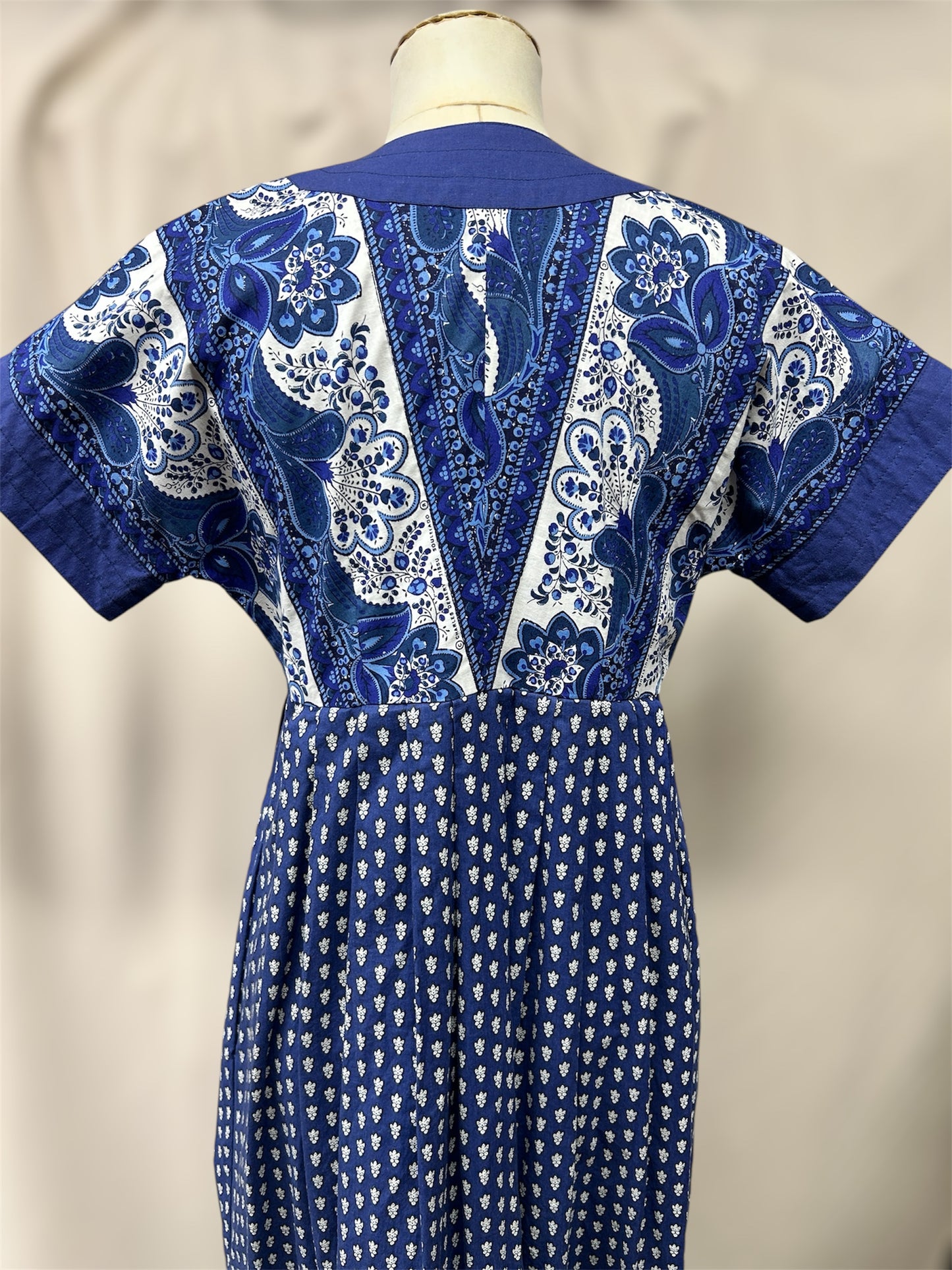 Vintage Pierre Deux by Soledad Cotton Wrap Dress – Blue & White Floral Block Print 