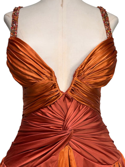 Deadstock Mandalay Burnt Copper Silk Satin Beaded Strap Dress — Size 6