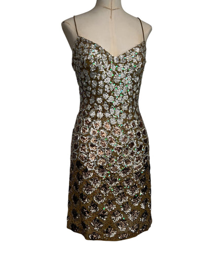 Deadstock Mandalay Bronze Sequin Silk Chiffon Dress — Size 6 — Embellished Vintage Mandalay