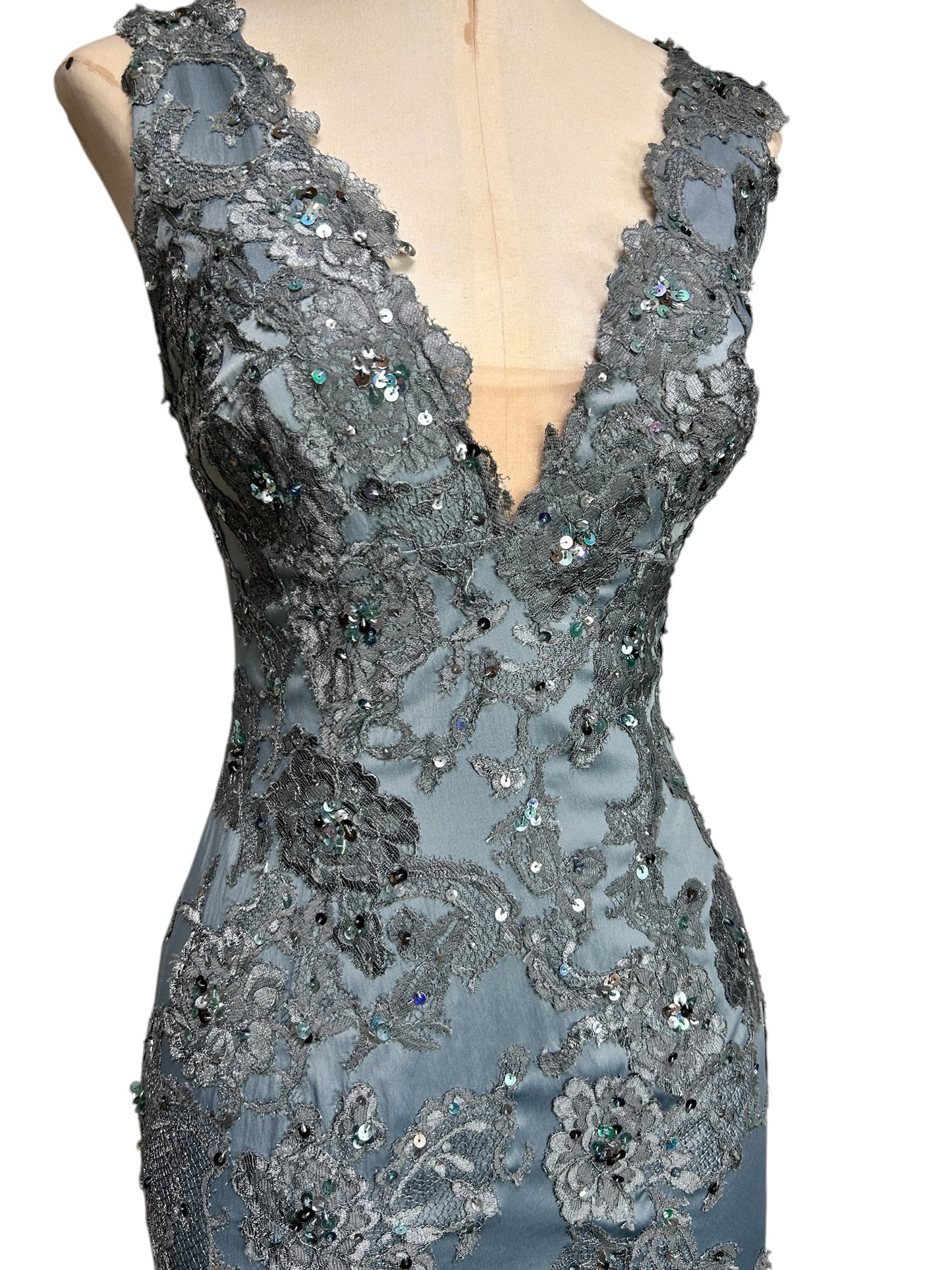 Deadstock Mandalay French Blue Silk Satin Beaded Lace Dress — Size 6