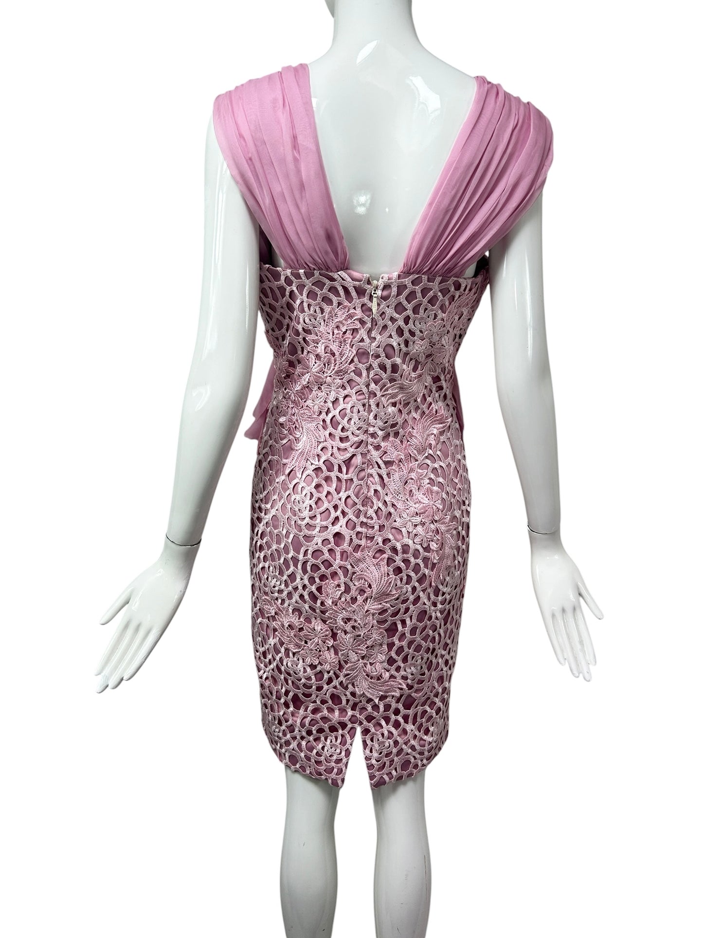One-of-a-Kind Deadstock Mandalay Pink Appliqué Cocktail Dress | Silk Chiffon & Lace | Y2K Size 6