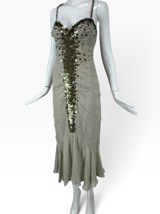 Deadstock Mandalay Sage Green Silk Chiffon Sequin Racerback Dress – Size 8