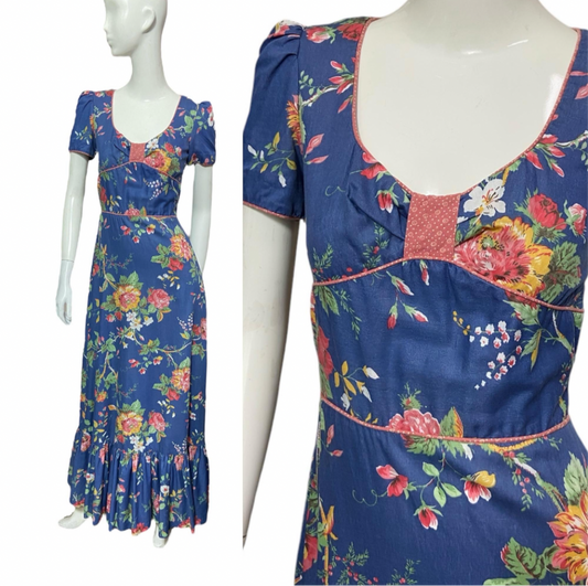 70’s Floral Cotton Maxi-Dress with Short Sleeves and Swiss Waist