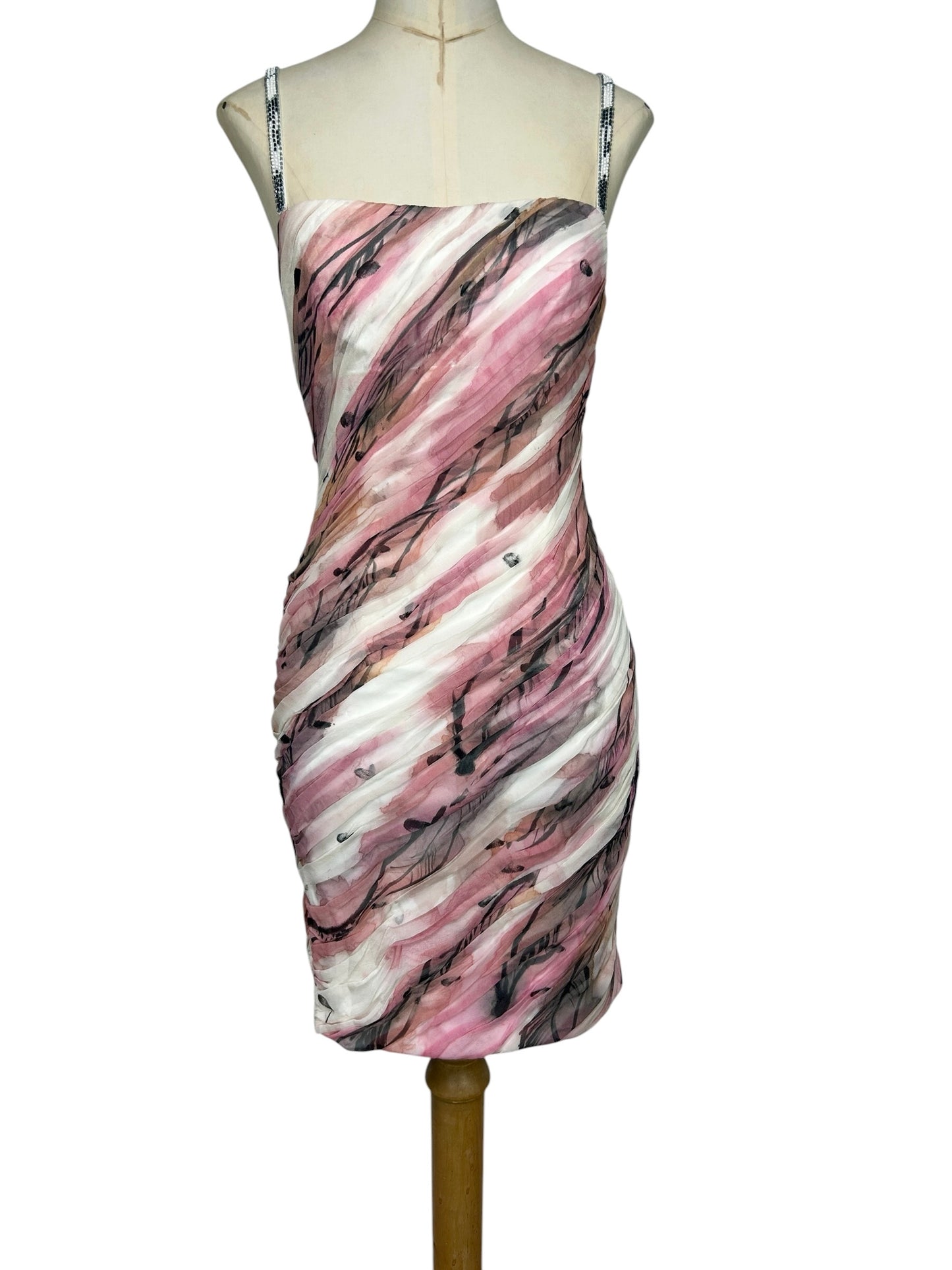 Deadstock Mandalay Hand-Painted Silk Chiffon Ruched Mini Dress – Y2K Pink Abstract Print Beaded Cocktail Dress Size 6