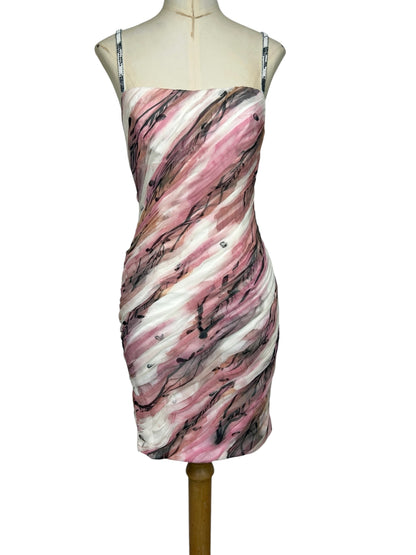 Deadstock Mandalay Hand-Painted Silk Chiffon Ruched Mini Dress – Y2K Pink Abstract Print Beaded Cocktail Dress Size 6