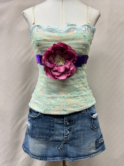 Vintage Deadstock Y2K Mandalay Lace & Sequin Mesh Cami Top | Pastel Green, Adjustable Straps size 6