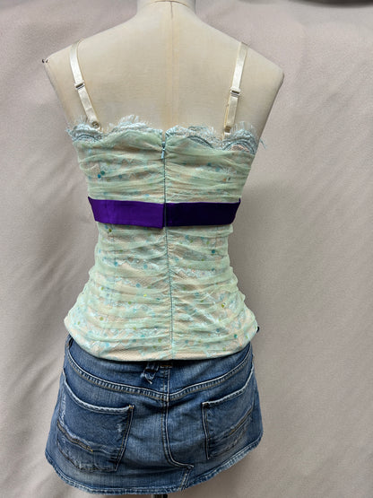 Vintage Deadstock Y2K Mandalay Lace & Sequin Mesh Cami Top | Pastel Green, Adjustable Straps size 6