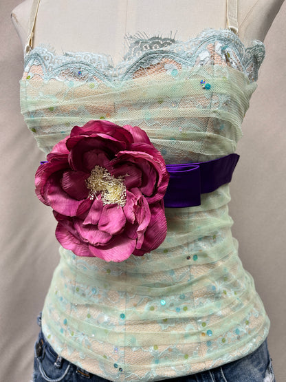 Vintage Deadstock Y2K Mandalay Lace & Sequin Mesh Cami Top | Pastel Green, Adjustable Straps size 6