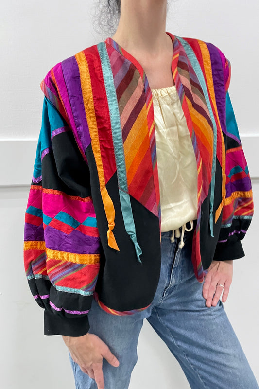 Rainbow patchwork ribbon fringe coat selected by Cannonball and Tilly