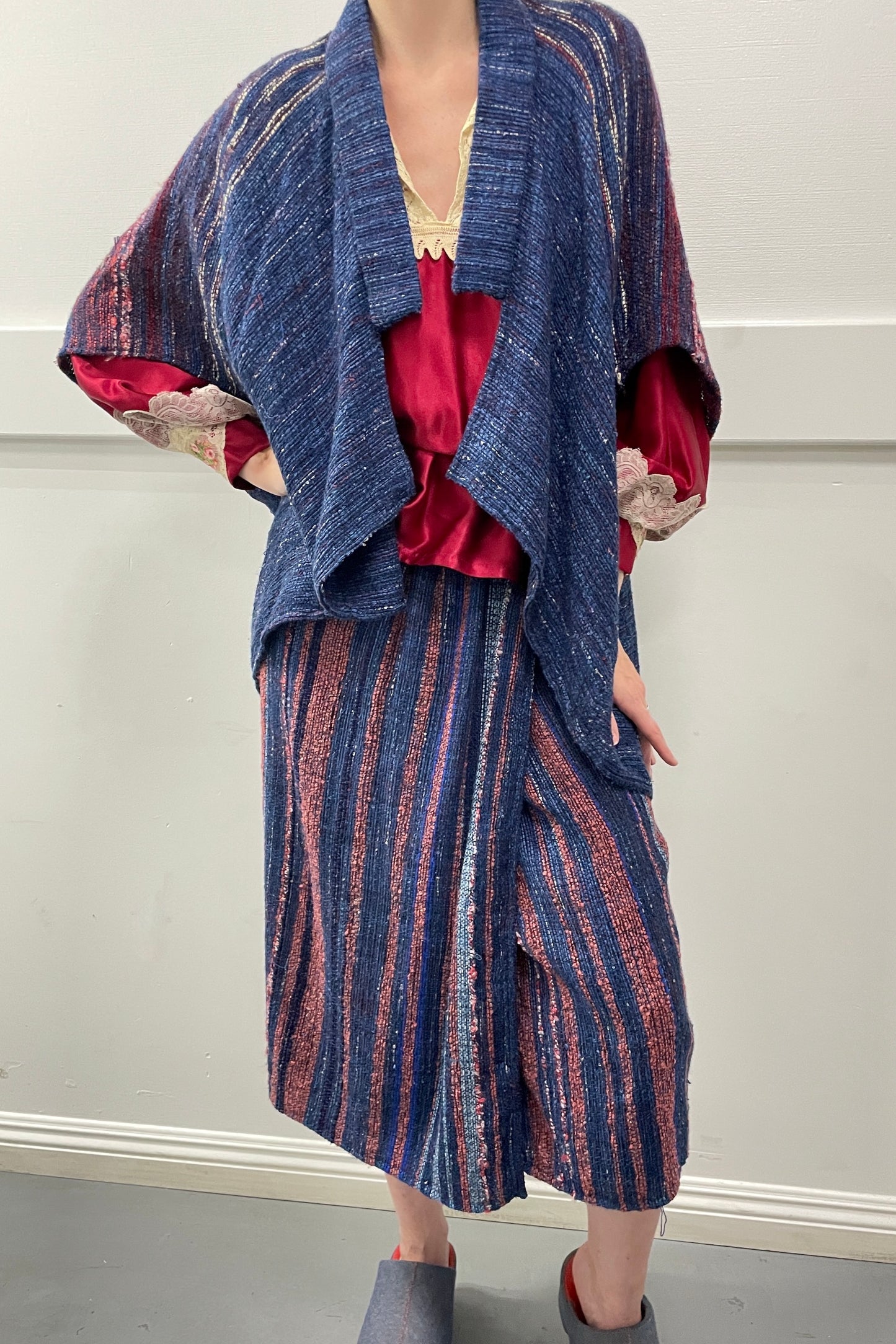 Hand woven cocoon coat and wrap skirt selected by Cannonball and Tilly