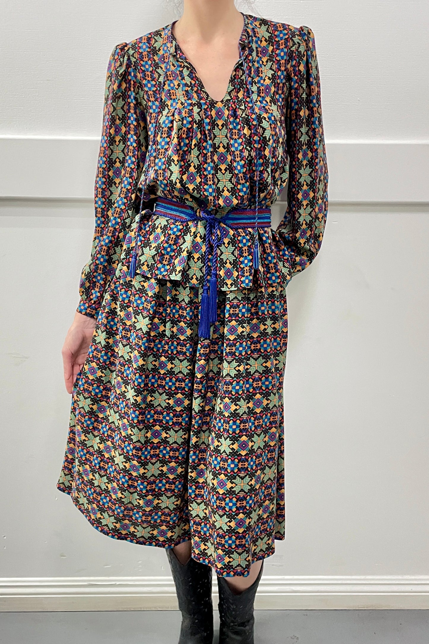 Geometric print Oscar de la Renta silk 70s skirt blouse set selected by Cannonball and Tilly