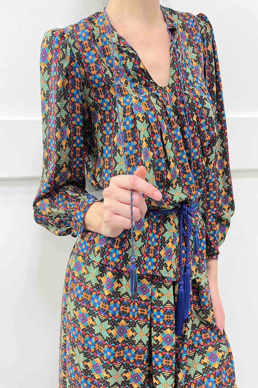 Geometric print Oscar de la Renta silk 70s skirt blouse set selected by Cannonball and Tilly