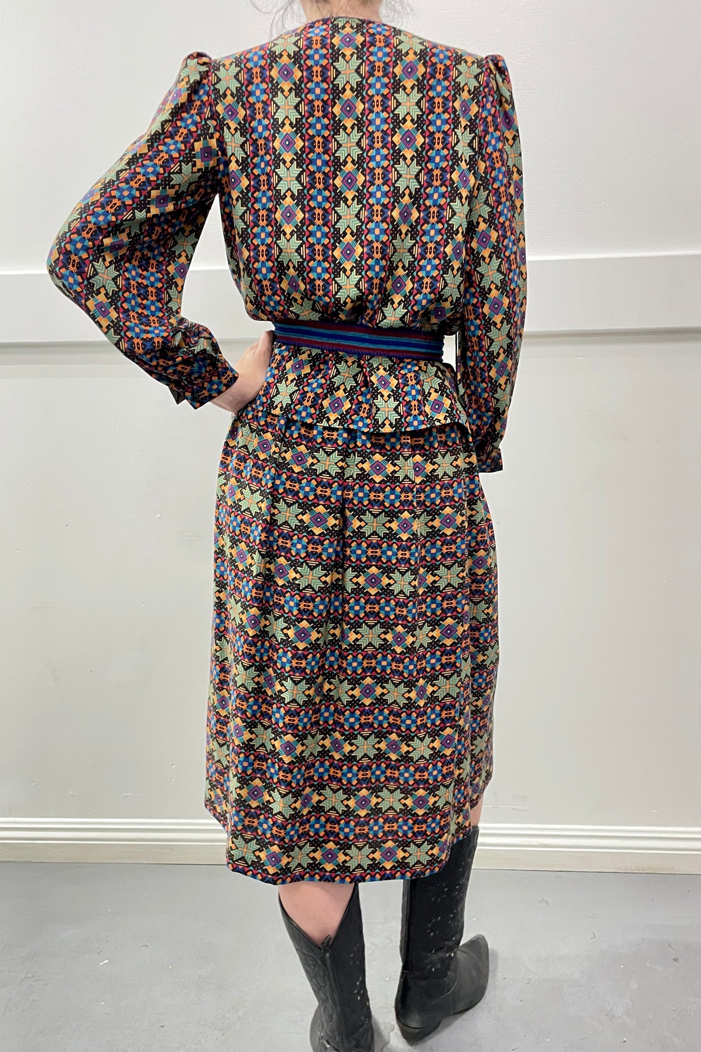 Geometric print Oscar de la Renta silk 70s skirt blouse set selected by Cannonball and Tilly