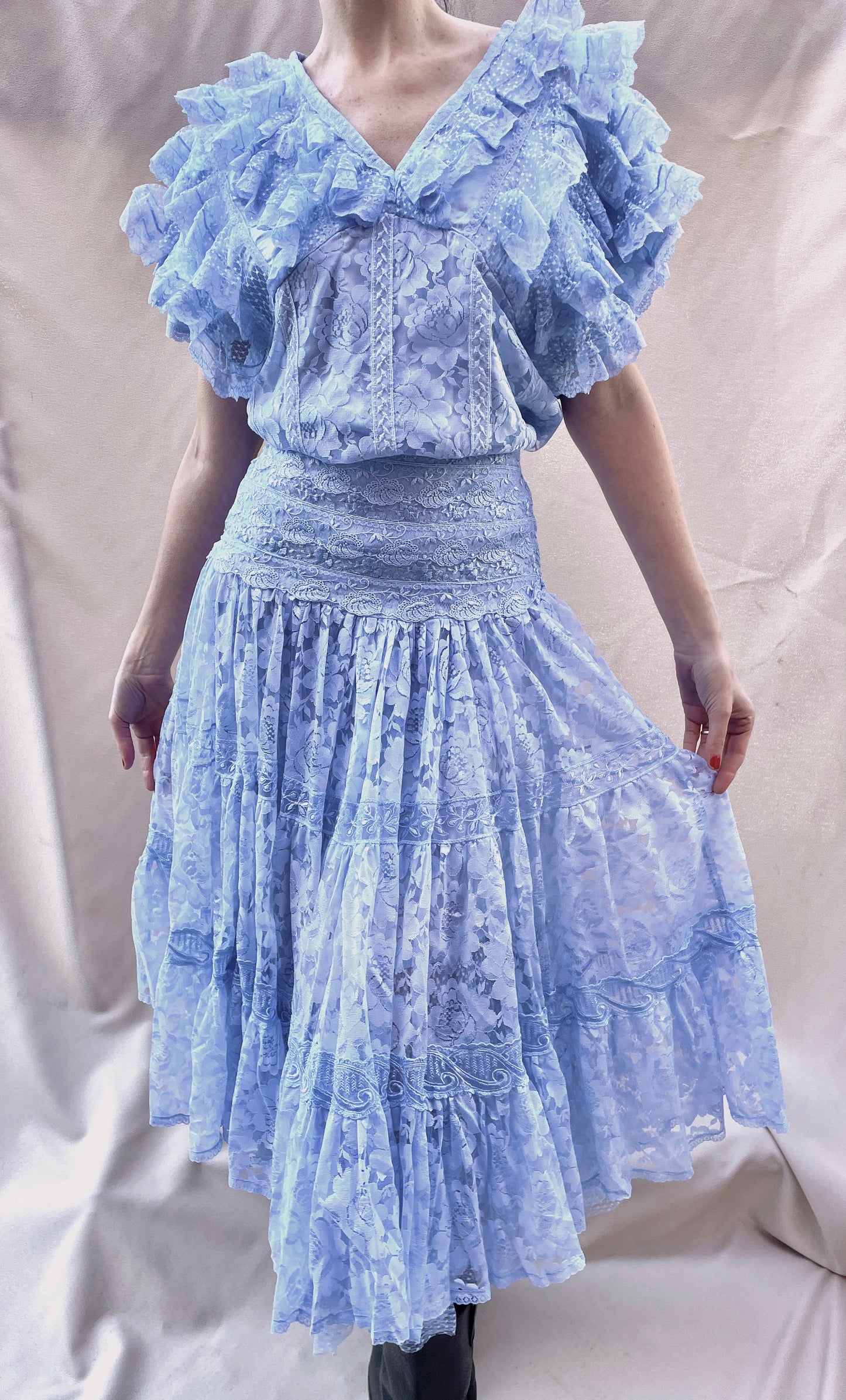 Ruffle blue lace 2 pc skirt blouse set Selected by Cannonball and Tilly