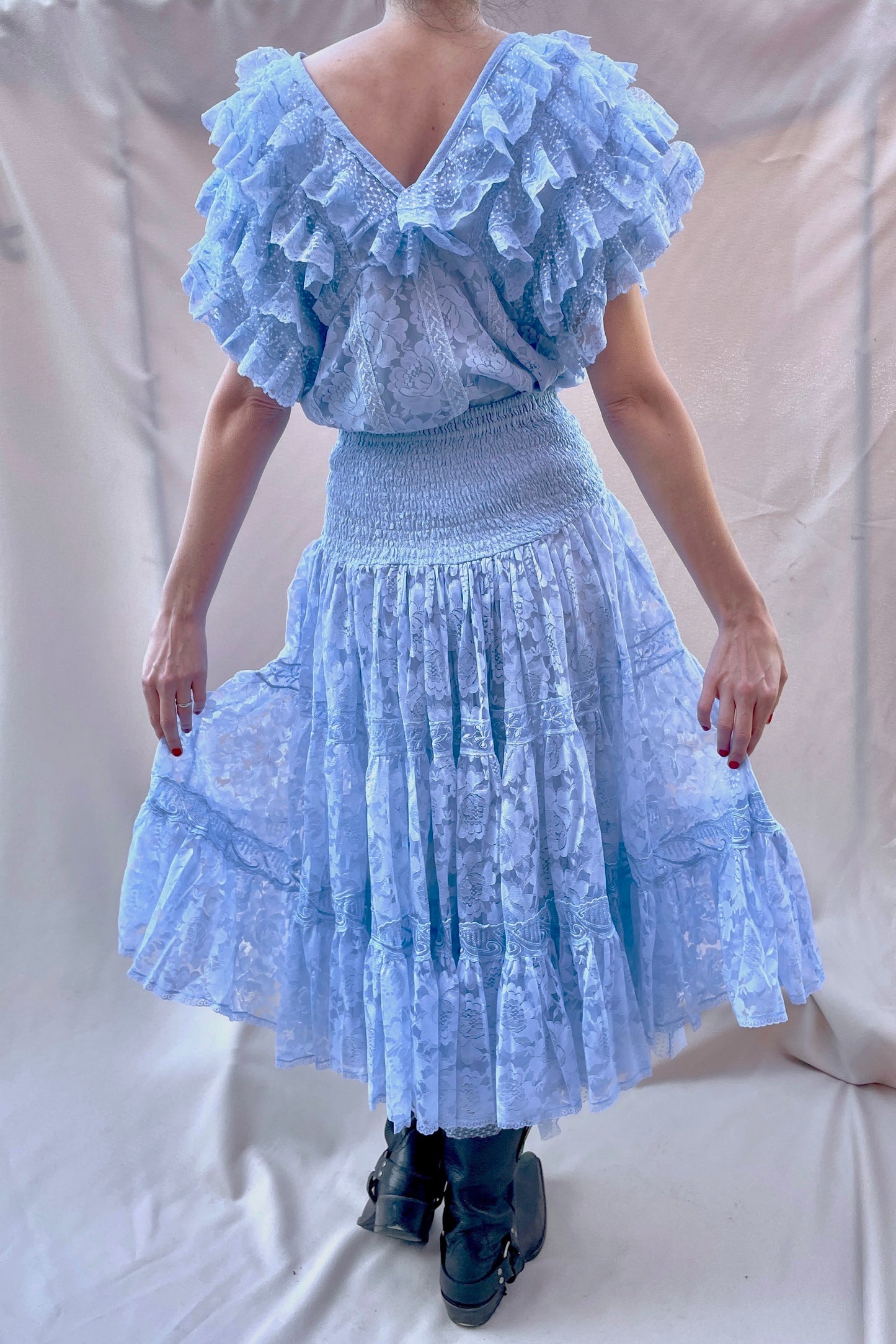 Ruffle blue lace 2 pc skirt blouse set Selected by Cannonball and Tilly