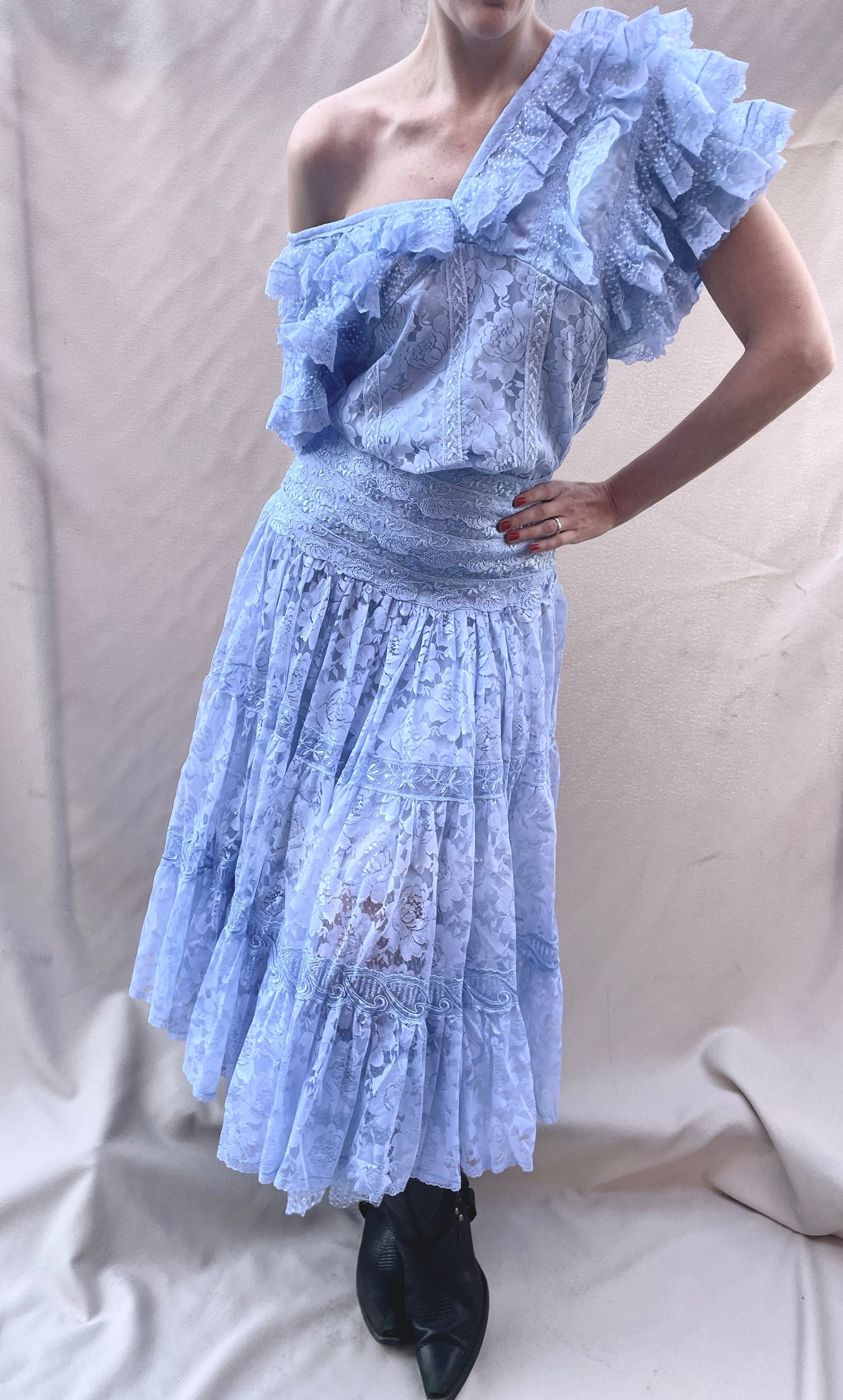 Ruffle blue lace 2 pc skirt blouse set Selected by Cannonball and Tilly