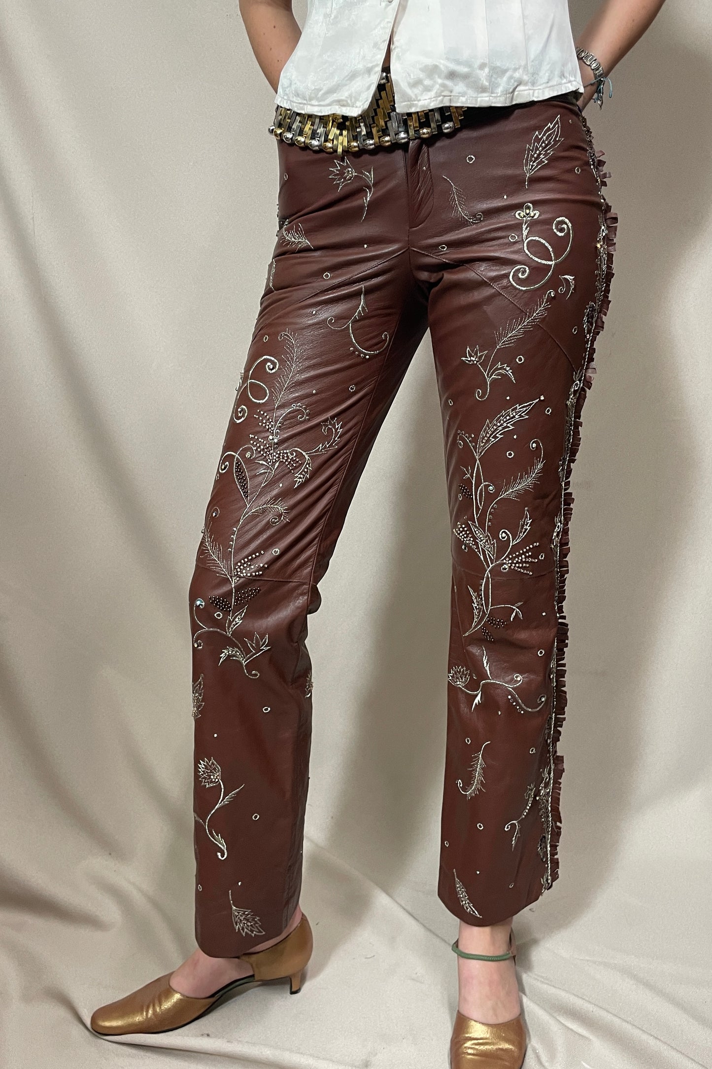 Y2k Rodeo embroidered baby fringe leather pants Selected by Cannonball and Tilly