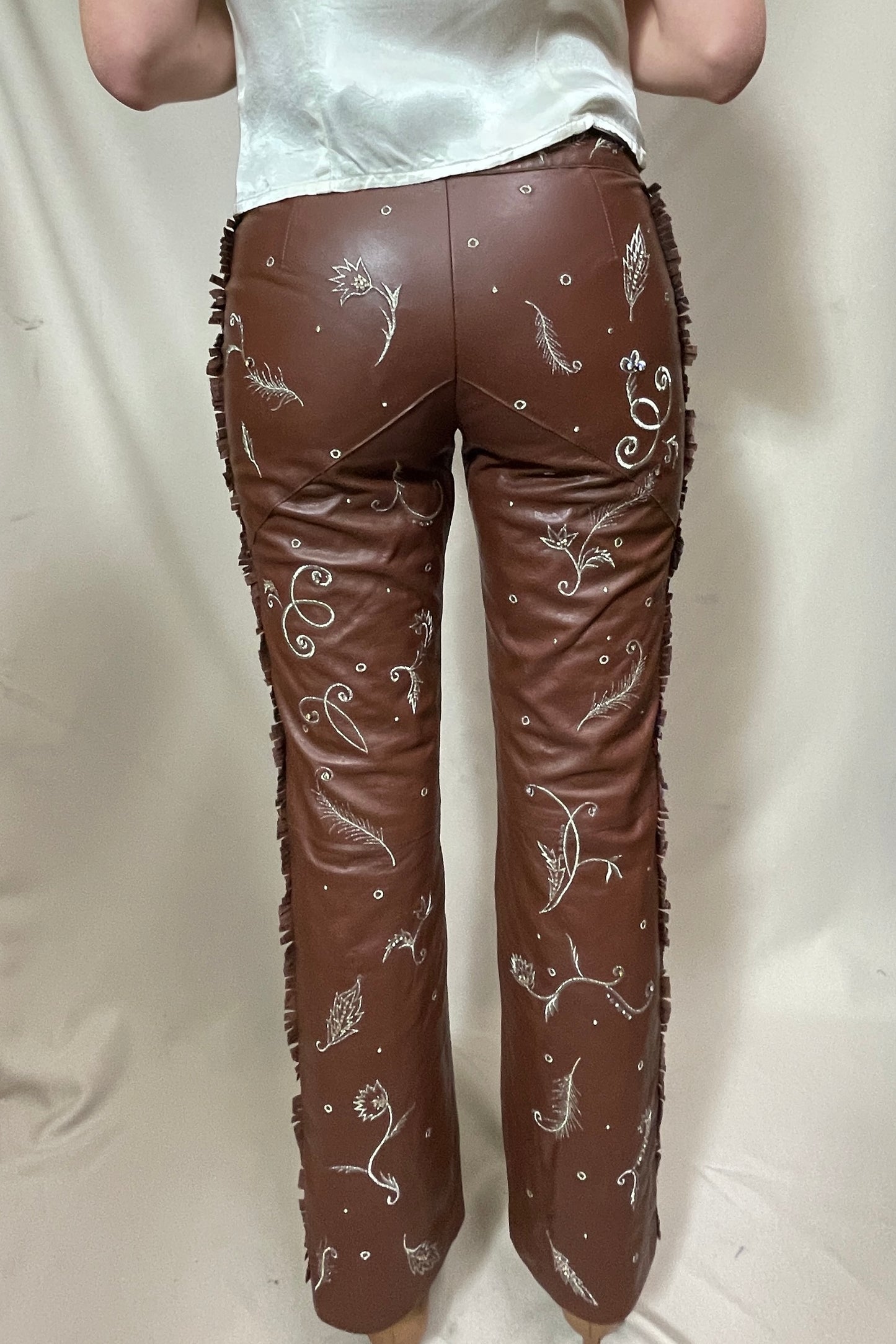 Y2k Rodeo embroidered baby fringe leather pants Selected by Cannonball and Tilly