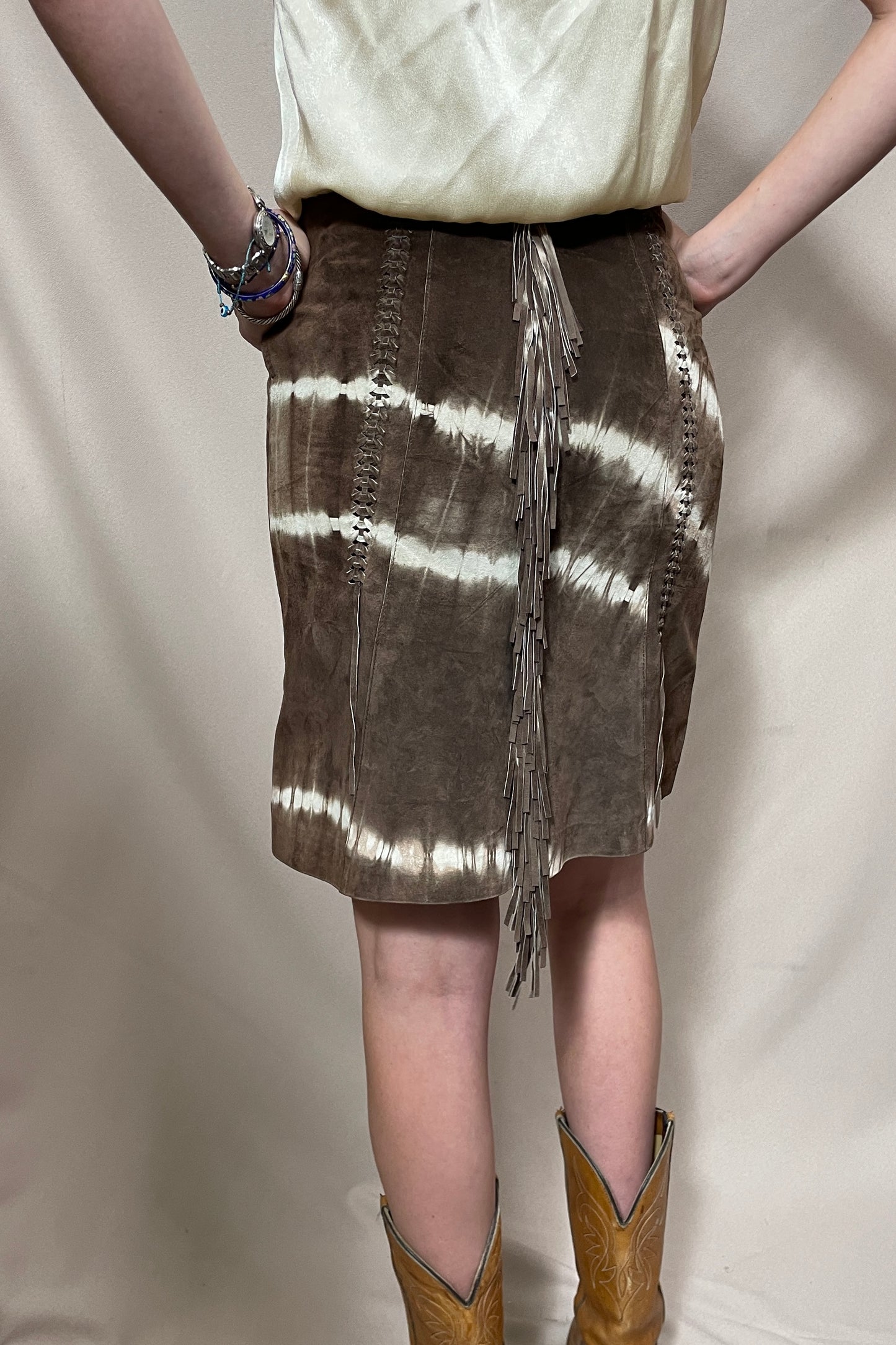 Tie dyed suede fringe Y2k skirt Selected by Cannonball and Tilly