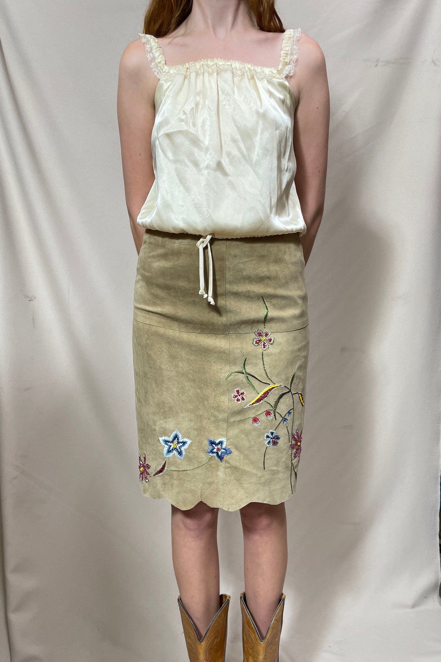 Suede embroidered floral y2k skirt Selected by Cannonball and Tilly