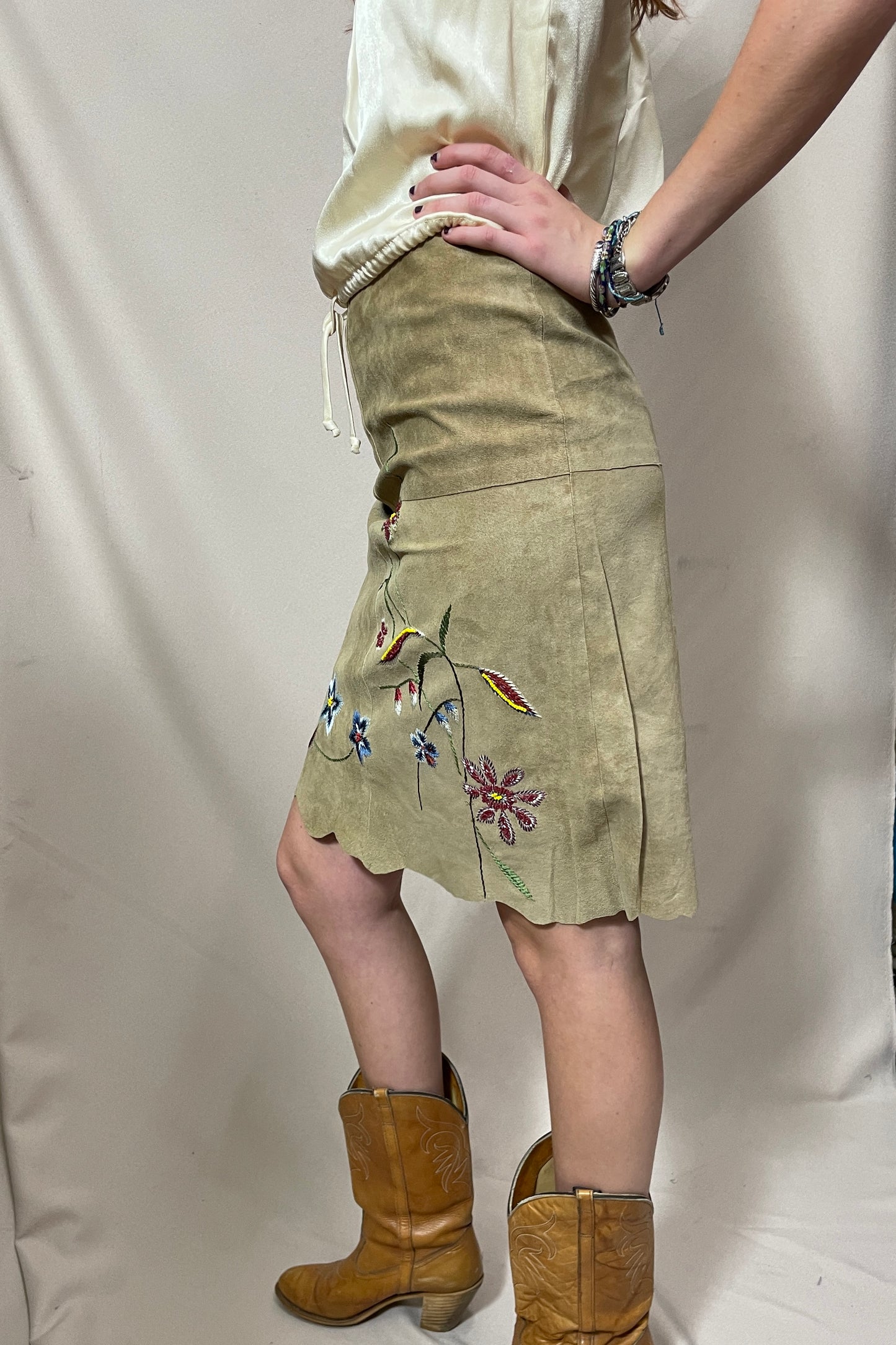 Suede embroidered floral y2k skirt Selected by Cannonball and Tilly