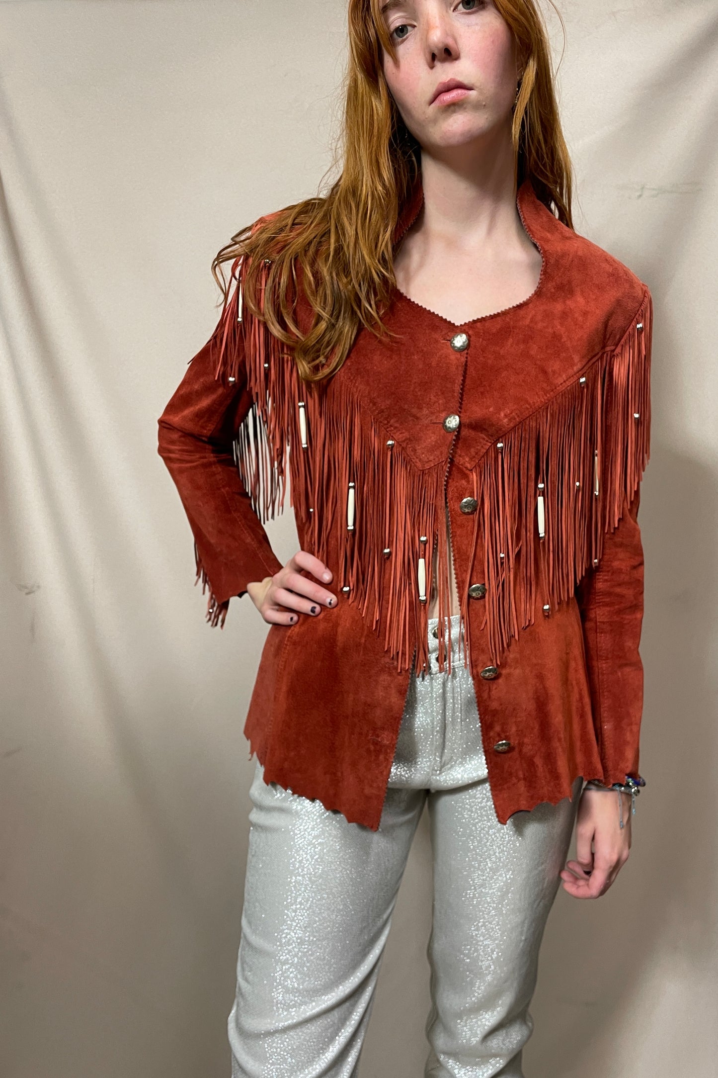 Mega fringe rust coloured suede jacket Selected by Cannonball and Tilly